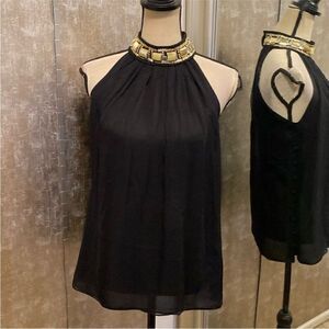 Milly Black Halter Blouse with Gold Embellishments, US2